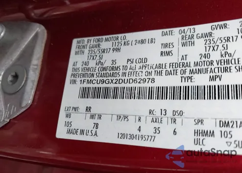 2013 Ford Escape Se z USA, uszkodzony, nr VIN 1FMCU9GX2DUD62978